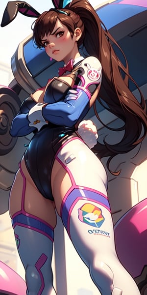 ,  Deeva \(overwatch 2 version\), d.va /(overwatch 2/), (black playboy_bunny:1.31), 1girl, ponytail, long hair, solo, brown hair, brown eyes, standing, disgust, arms crossed, from below,  