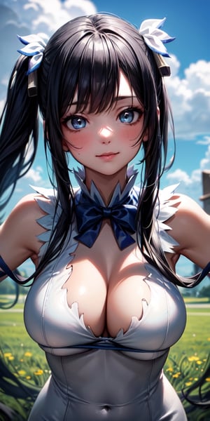 masterpiece, best quality, long eyelashes, eyeliner, eyeshadow, mascara, colorful, pink lips, deep skin, looking at viewer, upper body, curvy, hestia (danmachi), 1girl, breasts, solo, long hair, blue ribbon, twintails, gloves, ribbon, dress, rei no himo, large breasts, blue eyes, black hair, white gloves, cleavage, white dress, looking at viewer, light smile, closed mouth, hair ribbon, bow, sleeveless, sleeveless dress, bangs, blush, cleavage cutout, hair ornament, bowtie, clothing cutout, very long hair, covered navel, arm ribbon, shiny skin, outdoors, grassy fields, blue sky, cloudy sky, tight, taut dress, breast focus, upper body, (masterpiece:1.47746), (highly_detailed:1.05), (highres:1.05), ultra detailed, 100-layers,  extremely detailed, intricate, absurdres, small details, ultra detailed, detailed eyes, (intricate details, volumetric lighting, cinematic lighting, award-winning, macro vivid colors, rule of thirds, majestic, detailed, elegant), colorful, realistic lighting, breasts hold