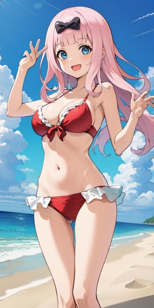 best quality, (masterpiece:1.2), detailed, , fujiwara chika (kaguya-sama), 1girl, solo, open mouth, smile, pink hair, blue eyes, long hair, hair bow, frilled bikini, aqua bikini, standing, looking at the viewer, beach, water, cloud
