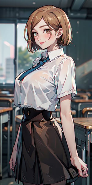 ((best quality)), ((highly detailed)), masterpiece, ((official art)), detailed face, beautiful face, (detailed eyes, deep eyes), (cowboy photo), nobara kugisaki, brown eyes, (smile), (confident), (neck), schoolgirl, classroom, tie, skirt, (big breasts), ((narrow_waist)), (high-waist skirt:1.2), school uniform, tight shirt, pleated skirt , blush, arms behind the back, white shirt, tucked in shirt, cowboy shot, short sleeves, front view, upper body, intricately detailed, hyper detailed, blurred background, depth of field, best quality, masterpiece, intricate details, tone mapping, sharp focus, hyper detailed, trending on Artstation, 1 girl, high resolution, official art,