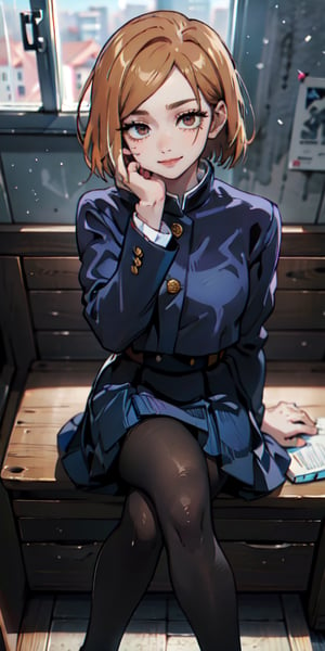 ((best quality)), ((highly detailed)), masterpiece, ((official art)), detailed face, beautiful face, (detailed eyes, deep eyes), (cowboy photo), nobara kugisaki, brown eyes, jujutsu kaisen, school uniform, blue jacket, blue skirt, brown belt, pantyhose, evil smile, from above, leaning landscape, interior, window, intricately detailed, hyper detailed, blurred background, depth of field, best quality, masterpiece, intricate details, tone mapping, sharp focus, hyper detailed, trending on Artstation, 1 girl, sideways, high resolution, official art, nobara kugisaki, portrait, sitting, looking at viewer, sitting at desk, left arm on leg, right hand on face, head resting on right hand, legs crossed, head tiltedSAM YANG