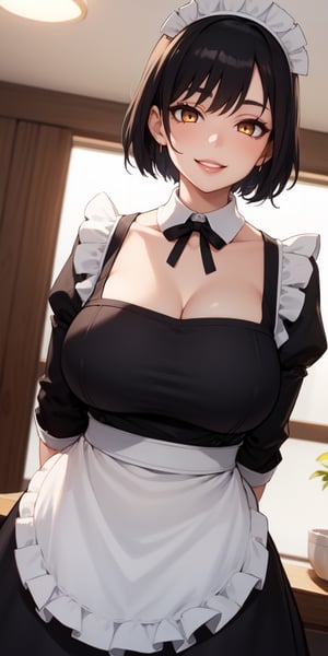 maid, short hair, black hair, best quality, 1girl, smiling, apron, big breasts, milf, mature, voluptous, golden eyes, plump lips, seductive
