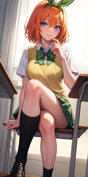 yotsubanakano, , yotsuba nakano, bangs, short hair, blue eyes, hair between eyes, hair ribbon, hairband, orange hair, green ribbon, BREAK skirt, shirt, bow, ribbon, school uniform, white shirt, short sleeves, pleated skirt, shoes, socks, collared shirt, miniskirt, bowtie, black footwear, kneehighs, green skirt, black socks, loafers, green bow, sweater vest, yellow sweater vest, green ribbon,, BREAK indoors, classroom, BREAK looking at viewer, BREAK , (masterpiece:1.2), best quality, high resolution, unity 8k wallpaper, (illustration:0.8), (beautiful detailed eyes:1.6), extremely detailed face, perfect lighting, extremely detailed CG, (perfect hands, perfect anatomy),