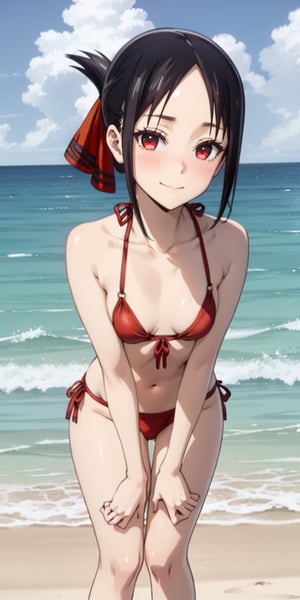 best quality, (masterpiece:1.2), detailed,
, shinomiya kaguya,
1girl, solo, closed mouth, light smile, blush,
black hair, red eyes, folded ponytail, hair ribbon,
(red bikini:1.2), small breasts,
standing, looking at the viewer,
beach, water, cloud, from below,round ass, nsfw, leaning forward, ass in close-up, hands on knees
