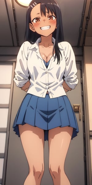 , nagatoro hayase, blue skirt, cleavage, small breasts, (from below:1.2), bent over, grin, blush, best quality, masterpiece, perfect lighting, arms behind back,