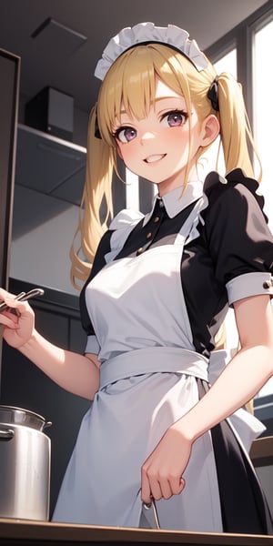 8k, masterpiece, beautiful solo 1girl, maid, big smile, kitchen, ((twintails)), blonde hair, long hair, from below, vivid, 
