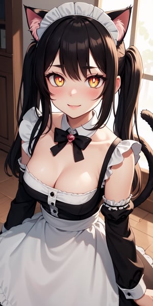 (best quality:1.1), (masterpiece:1.4), (absurdres:1.0), (cute illustration:1.4), portrait, 1girl, (cat ears:1.2), (cat tail:1.2), (intricate Maid Dress:1.4), maid, maid headdress, absurdly long hair, twintails, (slit pupils:1.4), (yellow eyes:1.1), black hair, huge mansion, (blush:1.2), (large eyes), looking at viewer, small breasts, bell collar, bright smile, (Directional lighting:1.2), detailed soft shadow,
