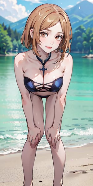 ((best quality)), ((highly detailed)), masterpiece, ((official art)), detailed face, beautiful face, (detailed eyes, deep eyes), (cowboy photo), nobara kugisaki, brown eyes, bikini, medium chest, evil smile, landscape, outdoor, beach, intricately detailed, hyper detailed, blurred background, depth of field, best quality, masterpiece, intricate details, standing, in front full body, hands on knees, bent over forward, saggy tits, nsfw, tone mapping, sharp focus, hyper detailed, Trending on Artstation, 1 girl, high resolution.,cross-laced bikini