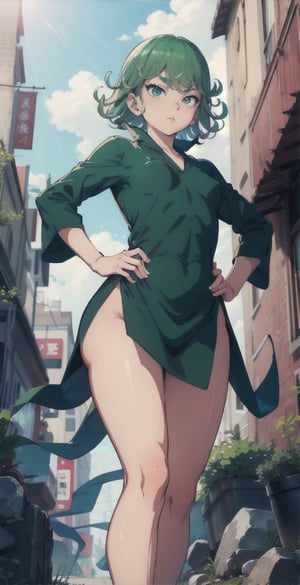 masterpiece, best quality, high resolution, 1 girl, tatsumaki, standing, hands on hips, small tits, looking at viewer, (from below:1.3), TatsumakiOPM, perfecteyes,SAM YANG