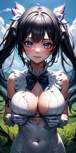 masterpiece, best quality, long eyelashes, eyeliner, eyeshadow, mascara, colorful, pink lips, deep skin, looking at viewer, upper body, curvy, hestia (danmachi), 1girl, breasts, solo, long hair, blue ribbon, twintails, gloves, ribbon, dress, rei no himo, large breasts, blue eyes, black hair, white gloves, cleavage, white dress, looking at viewer, light smile, closed mouth, hair ribbon, bow, sleeveless, sleeveless dress, bangs, blush, cleavage cutout, hair ornament, bowtie, clothing cutout, very long hair, covered navel, arm ribbon, shiny skin, outdoors, grassy fields, blue sky, cloudy sky, tight, taut dress, breast focus, upper body, (masterpiece:1.47746), (highly_detailed:1.05), (highres:1.05), ultra detailed, 100-layers,  extremely detailed, intricate, absurdres, small details, ultra detailed, detailed eyes, (intricate details, volumetric lighting, cinematic lighting, award-winning, macro vivid colors, rule of thirds, majestic, detailed, elegant), colorful, realistic lighting, hands behind back