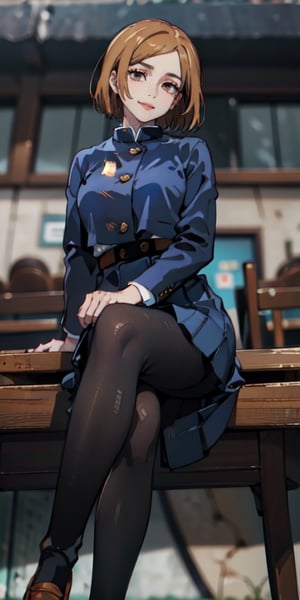 ((best quality)), ((highly detailed)), masterpiece, ((official art)), detailed face, beautiful face, (detailed eyes, deep eyes), (cowboy photo), nobara kugisaki, brown eyes, jujutsu kaisen, school uniform, blue jacket, blue skirt, brown belt, pantyhose, evil smile, (from below:1.3), leaning landscape, interior, window, intricately detailed, hyper detailed, blurred background, depth of field, best quality, masterpiece, intricate details, tone mapping, sharp focus, hyper detailed, trending on Artstation, 1 girl, sideways, high resolution, official art, nobara kugisaki, portrait, sitting, looking at viewer, sitting at desk, left arm on leg, right hand on face, head resting on right hand, legs crossed, head tilted, SAM YANG