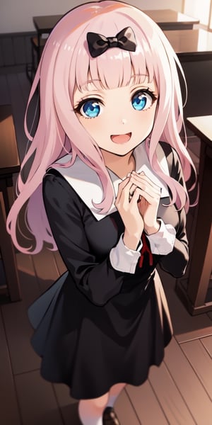 best quality, (masterpiece:1.2), detailed, , fujiwara chika (kaguya-sama), 1girl, solo, open mouth, smile, pink hair, blue eyes, long hair, school uniform, black dress, hair bow, black bow, red ribbon, standing, hands together, looking at the viewer, classroom
