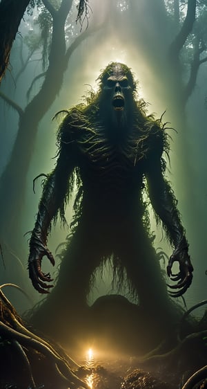 (swamp monster:1.5), (jungle:1.5), (horror:1.5), (gloomy swamp:1.5), (hanging branches:1.4), (bright eyes:1.4), (horror:1.5), (persecuted person :1.5), (sharp teeth:1.5), (dark trees:1.5), (dark sky:1.5), (fear:1.5), (POV from afar:1.5), (poor visibility:1.5), (thick fog:1.5), (dark ilumination:1.5), (poor ilumination:1.5), 
BREAK
(Realistic, Photorealistic: 1.5), (Masterpiece, Best Quality: 1.4), (Ultra High Resolution: 1.5), (RAW Photo: 1.2), (Ultra Detailed CG Unified 8k Wallpaper: 1.5), (professional photo:1.3), , (super detailed background, detail background: 1.5), (kinematic:1.4), 