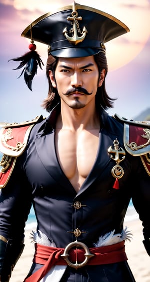 Create the character Zhang Liao (full body Man:1.5) from the role-playing game Dynasty Warriors by the game company Koei Tecmo
BREAK
(revolutionary mustache:1.5), (anchor beard:1.5), (fierce look:1.5), (brown hair:1.5), (short hair:1.5)
BREAK
(Black Suit:1.5), (hat with feather:1.5)
BREAK
(sunset_beach background: 1.5), (cleavage large:1.5), (standing pose: 1.5), (dinamic pose:1.5), (night sky:1.5), (Full_body:1.5)
BREAK
(beautiful_hands: 1.5), (beautiful_feets: 1.5), (pretty fingers:1.5)
BREAK
(Realistic, Photorealistic: 1.5), (Masterpiece, Best Quality: 1.4), (Ultra High Resolution: 1.5), (RAW Photo: 1.2), (Face Focus: 1.2), (Ultra Detailed CG Unified 8k Wallpaper: 1.5), (Hyper Sharp Focus: 1.5), (Ultra Sharp Focus: 1.5), (Beautiful pretty face: 1.5) (professional photo lighting:1.3), , (super detailed background, detail background: 1.5), (elegant:1.3), (kinematic:1.4),better_hands