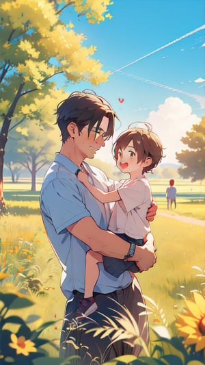 draw the love between a father and a son, both should look happy, the place where they are is a field of beautiful grassland, it is a sunny and beautiful day, the background should not look overloaded