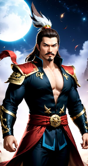 Create the character Zhang Liao (Man) from the role-playing game Dynasty Warriors by the game company Koei Tecmo (full body)
BREAK
(revolutionary mustache:1.5), (anchor beard:1.5), (fierce look:1.5), (brown hair:1.5), (short hair:1.5),
(Black Suit:1.5), (hat with feather:1.5)
BREAK
(Ancient china background: 1.5), (full_background) ,(cleavage large:1.5), (standing pose: 1.5), (dinamic pose:1.5), (night sky:1.5), 
BREAK
(beautiful_hands: 1.5), (beautiful_feets: 1.5), (pretty fingers:1.5)
BREAK
(Realistic, Photorealistic: 1.5), (Masterpiece, Best Quality: 1.4), (Ultra High Resolution: 1.5), (RAW Photo: 1.2), (Face Focus: 1.2), (Ultra Detailed CG Unified 8k Wallpaper: 1.5), (Hyper Sharp Focus: 1.5), (Ultra Sharp Focus: 1.5), (Beautiful pretty face: 1.5) (professional photo lighting:1.3), , (super detailed background, detail background: 1.5), (elegant:1.3), (kinematic:1.4),better_hands,Movie Still