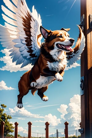 a large thin dog with brown hair, white legs, with white wings, with a beautiful abstract sky with bluish touches, flying towards the gates of heaven