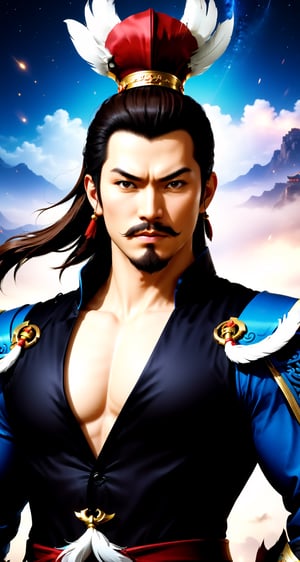 Create the character Zhang Liao (Man:1.5) from the role-playing game Dynasty Warriors by the game company Koei Tecmo (full body)
BREAK
(revolutionary mustache:1.5), (anchor beard:1.5), (fierce look:1.5), (brown hair:1.5), (short hair:1.5),
(Black Suit:1.5), (hat with feather:1.5)
BREAK
(Ancient china background: 1.5), (full_background) ,(cleavage large:1.5), (standing pose: 1.5), (dinamic pose:1.5), (night sky:1.5), 
BREAK
(beautiful_hands: 1.5), (beautiful_feets: 1.5), (pretty fingers:1.5)
BREAK
(Realistic, Photorealistic: 1.5), (Masterpiece, Best Quality: 1.4), (Ultra High Resolution: 1.5), (RAW Photo: 1.2), (Face Focus: 1.2), (Ultra Detailed CG Unified 8k Wallpaper: 1.5), (Hyper Sharp Focus: 1.5), (Ultra Sharp Focus: 1.5), (Beautiful pretty face: 1.5) (professional photo lighting:1.3), , (super detailed background, detail background: 1.5), (elegant:1.3), (kinematic:1.4),better_hands,Movie Still