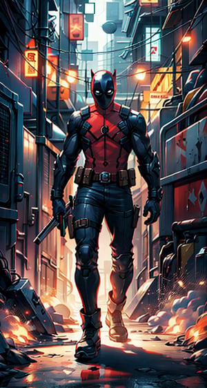 Create the character Deadpool from Marvel Comics, full body, the character must carry a 36 caliber magnun weapon and a gold dagger in the other hand, his suit is crimson red with black parts, his pants are jet black, the mask must be crimson red and white in the eyes, his belt must have an "X" as a buckle, the background must be an exploding tank, 
24.1 megapixel, 1053 focus point, 4150k dots screen resolution, (8K, RAWphoto, ultra-best quality, masterpiece: 1.2), (realistic, photo- realistic:1.37), ultra-detailed, ultra-realistic, professional lighting, photon mapping, radiosity, physically-based rendering, highly detailed, digital photography, cinematographic lighting, rendering photography, rendering photo, Color magic,Saturated colors, 