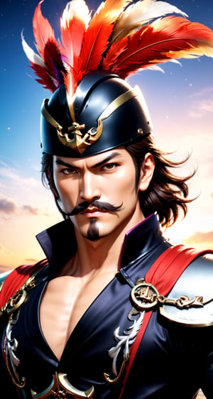 Create the character Zhang Liao (Man:1.5) from the role-playing game Dynasty Warriors by the game company Koei Tecmo
BREAK
(revolutionary mustache:1.5), (anchor beard:1.5), (fierce look:1.5), (brown hair:1.5), (short hair:1.5)
BREAK
(Black Suit:1.5), (hat with feather:1.5)
BREAK
(sunset_beach background: 1.5), (cleavage large:1.5), (standing pose: 1.5), (dinamic pose:1.5), (night sky:1.5), (Full_body:1.5)
BREAK
(beautiful_hands: 1.5), (beautiful_feets: 1.5), (pretty fingers:1.5)
BREAK
(Realistic, Photorealistic: 1.5), (Masterpiece, Best Quality: 1.4), (Ultra High Resolution: 1.5), (RAW Photo: 1.2), (Face Focus: 1.2), (Ultra Detailed CG Unified 8k Wallpaper: 1.5), (Hyper Sharp Focus: 1.5), (Ultra Sharp Focus: 1.5), (Beautiful pretty face: 1.5) (professional photo lighting:1.3), , (super detailed background, detail background: 1.5), (elegant:1.3), (kinematic:1.4),better_hands