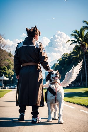 a large thin dog with brown hair, white paws, with wings in dog paradise, saying goodbye to his owner
