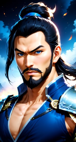 Create the character (full body), Yu Jin (Man) from the role-playing game Dynasty Warriors by the game company Koei Tecmo
BREAK
(long thin anchor beard), (thin mustache), (calm look:1.5), (black hair:1.5), (short hair:1.5),
(Armor Blue Suit:1.5), 
BREAK
(Ancient china background: 1.5), (full_background) ,(cleavage large:1.5), (standing pose: 1.5), (dinamic pose:1.5), (night sky:1.5), 
BREAK
(beautiful_hands: 1.5), (beautiful_feets: 1.5), (pretty fingers:1.5)
BREAK
(Realistic, Photorealistic: 1.5), (Masterpiece, Best Quality: 1.4), (Ultra High Resolution: 1.5), (RAW Photo: 1.2), (Face Focus: 1.2), (Ultra Detailed CG Unified 8k Wallpaper: 1.5), (Hyper Sharp Focus: 1.5), (Ultra Sharp Focus: 1.5), (Beautiful pretty face: 1.5) (professional photo lighting:1.3), , (super detailed background, detail background: 1.5), (elegant:1.3), (kinematic:1.4),better_hands,Movie Still