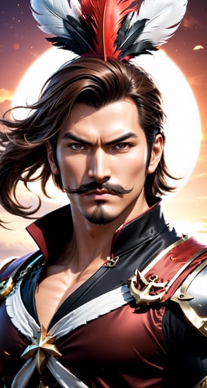 Create the character Zhang Liao (full body Man:1.5) from the role-playing game Dynasty Warriors by the game company Koei Tecmo
BREAK
(revolutionary mustache:1.5), (anchor beard:1.5), (fierce look:1.5), (brown hair:1.5), (short hair:1.5)
BREAK
(Black Suit:1.5), (hat with feather:1.5)
BREAK
(sunset_beach background: 1.5), (cleavage large:1.5), (standing pose: 1.5), (dinamic pose:1.5), (night sky:1.5), (Full_body:1.5)
BREAK
(beautiful_hands: 1.5), (beautiful_feets: 1.5), (pretty fingers:1.5)
BREAK
(Zoom middle distances:1.5), (Realistic, Photorealistic: 1.5), (Masterpiece, Best Quality: 1.4), (Ultra High Resolution: 1.5), (RAW Photo: 1.2), (Face Focus: 1.2), (Ultra Detailed CG Unified 8k Wallpaper: 1.5), (Hyper Sharp Focus: 1.5), (Ultra Sharp Focus: 1.5), (Beautiful pretty face: 1.5) (professional photo lighting:1.3), , (super detailed background, detail background: 1.5), (elegant:1.3), (kinematic:1.4),better_hands