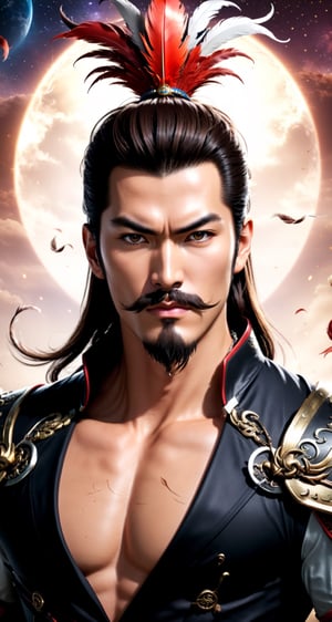 BREAK
Zoom distance: Panoramic
BREAK
Create the character Zhang Liao (full body:1.5) from the role-playing game Dynasty Warriors by the game company Koei Tecmo
BREAK
(Man:1.5), (revolutionary mustache:1.5), (anchor beard:1.5), (fierce look:1.5), (brown hair:1.5), (short hair:1.5)
BREAK
(Black Suit:1.5), (hat with feather:1.5)
BREAK
(Ancient china background: 1.5), (cleavage large:1.5), (standing pose: 1.5), (dinamic pose:1.5), (night sky:1.5), (Full_body:1.5)
BREAK
(beautiful_hands: 1.5), (beautiful_feets: 1.5), (pretty fingers:1.5)
BREAK
(Realistic, Photorealistic: 1.5), (Masterpiece, Best Quality: 1.4), (Ultra High Resolution: 1.5), (RAW Photo: 1.2), (Face Focus: 1.2), (Ultra Detailed CG Unified 8k Wallpaper: 1.5), (Hyper Sharp Focus: 1.5), (Ultra Sharp Focus: 1.5), (Beautiful pretty face: 1.5) (professional photo lighting:1.3), , (super detailed background, detail background: 1.5), (elegant:1.3), (kinematic:1.4),better_hands,hands
