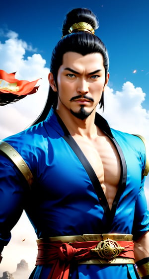 Create the character (full body), Yu Jin (Man) from the role-playing game Dynasty Warriors by the game company Koei Tecmo
BREAK
(long thin anchor beard), (thin mustache), (calm look:1.5), (black hair:1.5), (short hair:1.5),
(Blue Suit:1.5), 
BREAK
(Ancient china background: 1.5), (full_background) ,(cleavage large:1.5), (standing pose: 1.5), (dinamic pose:1.5), (night sky:1.5), 
BREAK
(beautiful_hands: 1.5), (beautiful_feets: 1.5), (pretty fingers:1.5)
BREAK
(Realistic, Photorealistic: 1.5), (Masterpiece, Best Quality: 1.4), (Ultra High Resolution: 1.5), (RAW Photo: 1.2), (Face Focus: 1.2), (Ultra Detailed CG Unified 8k Wallpaper: 1.5), (Hyper Sharp Focus: 1.5), (Ultra Sharp Focus: 1.5), (Beautiful pretty face: 1.5) (professional photo lighting:1.3), , (super detailed background, detail background: 1.5), (elegant:1.3), (kinematic:1.4),better_hands,Movie Still