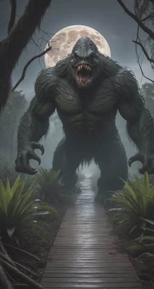 (swamp monster:1.5), (jungle:1.5), (horror:1.5), (gloomy swamp:1.5), (hanging branches:1.4), (bright eyes:1.4), (horror:1.5), (persecuted person :1.5), (sharp teeth:1.5), (dark path:1.5), (dark trees:1.5), (haunting path:1.3), (dark sky:1.5), (bright moon:1.5), (fear:1.5), (POV from afar:1.5)
BREAK
(Realistic, Photorealistic: 1.5), (Masterpiece, Best Quality: 1.4), (Ultra High Resolution: 1.5), (RAW Photo: 1.2), (Face Focus: 1.2), (Ultra Detailed CG Unified 8k Wallpaper: 1.5), (Hyper Sharp Focus: 1.5), (Ultra Sharp Focus: 1.5), (Beautiful pretty face: 1.5), (professional photo lighting:1.3), , (super detailed background, detail background: 1.5), (elegant:1.3), (kinematic:1.4),