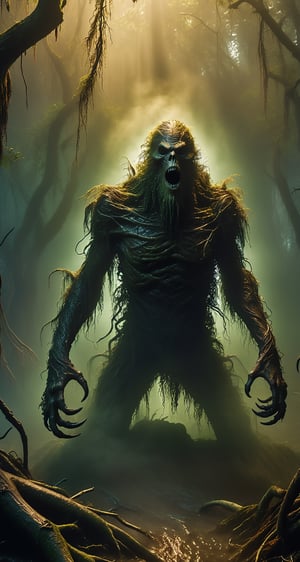 (swamp monster:1.5), (jungle:1.5), (horror:1.5), (gloomy swamp:1.5), (hanging branches:1.4), (bright eyes:1.4), (horror:1.5), (persecuted person :1.5), (sharp teeth:1.5), (dark trees:1.5), (dark sky:1.5), (fear:1.5), (POV from afar:1.5), (poor visibility:1.5), (thick fog:1.5), (dark ilumination:1.5), (poor ilumination:1.5), 
BREAK
(Realistic, Photorealistic: 1.5), (Masterpiece, Best Quality: 1.4), (Ultra High Resolution: 1.5), (RAW Photo: 1.2), (Ultra Detailed CG Unified 8k Wallpaper: 1.5), (professional photo:1.3), , (super detailed background, detail background: 1.5), (kinematic:1.4), 