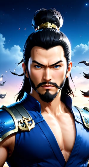 Create the character (full body), Yu Jin (Man) from the role-playing game Dynasty Warriors by the game company Koei Tecmo
BREAK
(long thin anchor beard), (thin mustache), (calm look:1.5), (black hair:1.5), (short hair:1.5),
(Armor Blue Suit:1.5), 
BREAK
(Ancient china background: 1.5), (full_background) ,(cleavage large:1.5), (standing pose: 1.5), (dinamic pose:1.5), (night sky:1.5), 
BREAK
(beautiful_hands: 1.5), (beautiful_feets: 1.5), (pretty fingers:1.5)
BREAK
(Realistic, Photorealistic: 1.5), (Masterpiece, Best Quality: 1.4), (Ultra High Resolution: 1.5), (RAW Photo: 1.2), (Face Focus: 1.2), (Ultra Detailed CG Unified 8k Wallpaper: 1.5), (Hyper Sharp Focus: 1.5), (Ultra Sharp Focus: 1.5), (Beautiful pretty face: 1.5) (professional photo lighting:1.3), , (super detailed background, detail background: 1.5), (elegant:1.3), (kinematic:1.4),better_hands,Movie Still