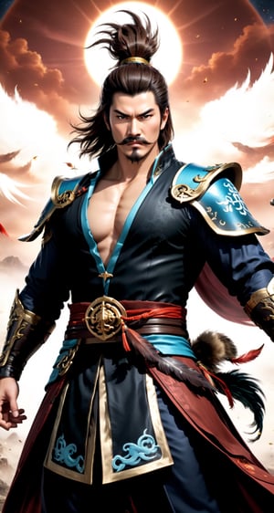 Create the character Zhang Liao (Man:1.5) from the role-playing game Dynasty Warriors by the game company Koei Tecmo (full body)
BREAK
(revolutionary mustache:1.5), (anchor beard:1.5), (fierce look:1.5), (brown hair:1.5), (short hair:1.5),
(Black Suit:1.5), (hat with feather:1.5)
BREAK
(Ancient china background: 1.5), full background ,(cleavage large:1.5), (standing pose: 1.5), (dinamic pose:1.5), (night sky:1.5), 
BREAK
(beautiful_hands: 1.5), (beautiful_feets: 1.5), (pretty fingers:1.5)
BREAK
(Realistic, Photorealistic: 1.5), (Masterpiece, Best Quality: 1.4), (Ultra High Resolution: 1.5), (RAW Photo: 1.2), (Face Focus: 1.2), (Ultra Detailed CG Unified 8k Wallpaper: 1.5), (Hyper Sharp Focus: 1.5), (Ultra Sharp Focus: 1.5), (Beautiful pretty face: 1.5) (professional photo lighting:1.3), , (super detailed background, detail background: 1.5), (elegant:1.3), (kinematic:1.4),better_hands
