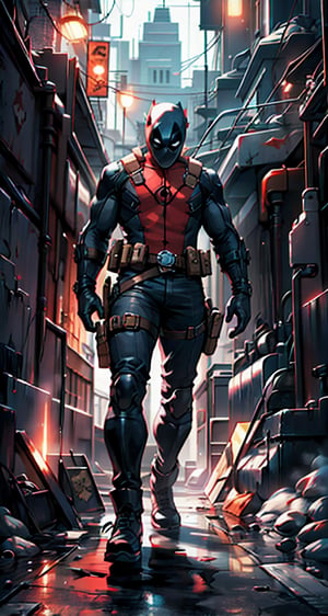 Create the character Deadpool from Marvel Comics, full body, the character must carry a 36 caliber magnun weapon and a gold dagger in the other hand, his suit is crimson red with black parts, his pants are jet black, the mask is only crimson and white in the part of the eyes, his belt must have an "X" as a buckle, the background must be an exploding tank, 
24.1 megapixel, 1053 focus point, 4150k dots screen resolution, (8K, RAWphoto, ultra-best quality, masterpiece: 1.2), (realistic, photo- realistic:1.37), ultra-detailed, ultra-realistic, professional lighting, photon mapping, radiosity, physically-based rendering, highly detailed, digital photography, cinematographic lighting, rendering photography, rendering photo, Color magic,Saturated colors, 