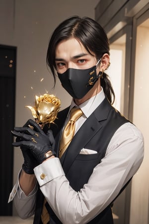 Henshin, solo, looking_at_viewer, shirt, gloves, long_sleeves, 1girl, jacket, white_shirt, upper_body, flower, male_focus, necktie, black_gloves, collared_shirt, vest, black_jacket, mask, rose, chain, formal, ring, suit, facing_viewer, black_necktie, black_vest, straight-on, gold, black_suit, ultra realistic,32k,RAW photo,(high detailed skin:1.2), 8k uhd, dslr, soft lighting, high quality, film grain