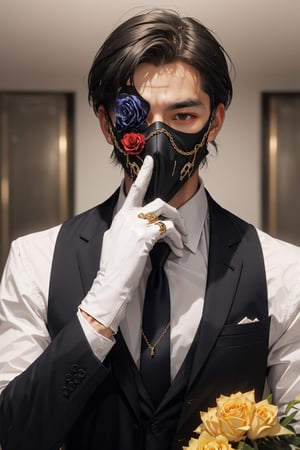 Henshin, solo, looking_at_viewer, shirt, gloves, long_sleeves, 1boy, jacket, white_shirt, upper_body, flower, male_focus, necktie, black_gloves, collared_shirt, vest, black_jacket, mask, rose, chain, formal, ring, suit, facing_viewer, black_necktie, black_vest, straight-on, gold, black_suit, ultra realistic,32k,RAW photo,(high detailed skin:1.2), 8k uhd, dslr, soft lighting, high quality, film grain