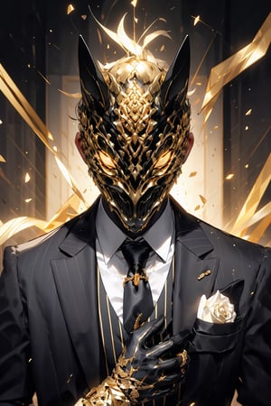 Henshin, solo, looking_at_viewer, shirt, gloves, long_sleeves, 1boy, jacket, white_shirt, upper_body, flower, male_focus, necktie, black_gloves, collared_shirt, vest, black_jacket, mask, rose, chain, formal, ring, suit, facing_viewer, black_necktie, black_vest, straight-on, gold, black_suit, ultra realistic,32k,RAW photo,(high detailed skin:1.2), 8k uhd, dslr, soft lighting, high quality, film grain