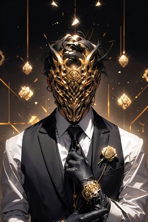 Henshin, solo, looking_at_viewer, shirt, gloves, long_sleeves, 1boy, jacket, white_shirt, upper_body, flower, male_focus, necktie, black_gloves, collared_shirt, vest, black_jacket, mask, rose, chain, formal, ring, suit, facing_viewer, black_necktie, black_vest, straight-on, gold, black_suit, ultra realistic,32k,RAW photo,(high detailed skin:1.2), 8k uhd, dslr, soft lighting, high quality, film grain