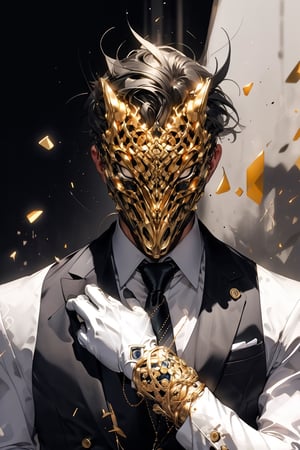 Henshin, solo, looking_at_viewer, shirt, gloves, long_sleeves, 1boy, jacket, white_shirt, upper_body, flower, male_focus, necktie, black_gloves, collared_shirt, vest, black_jacket, mask, rose, chain, formal, ring, suit, facing_viewer, black_necktie, black_vest, straight-on, gold, black_suit, ultra realistic,32k,RAW photo,(high detailed skin:1.2), 8k uhd, dslr, soft lighting, high quality, film grain