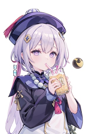 masterpiece, best quality, qiqi (genshin impact), 1girl, drinking straw, solo, hat, qing guanmao, coin hair ornament, hair ornament, jiangshi, purple hair, bead necklace, beads, drinking, ofuda, holding, snowflakes, necklace, purple eyes, bangs, jewelry, long sleeves, hair between eyes, looking at viewer, chibi, drink, long hair, sidelocks, coconut, drinking straw in mouth, milk carton, simple background, sparkling eyes, +_+, symbol-shaped pupils, wide sleeves, chinese clothes, juice box, talisman, can, bendy straw, white background, holding drink,qiqi (genshin impact)
