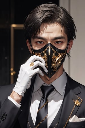 Henshin, solo, looking_at_viewer, shirt, gloves, long_sleeves, 1boy, jacket, white_shirt, upper_body, flower, male_focus, necktie, black_gloves, collared_shirt, vest, black_jacket, mask, rose, chain, formal, ring, suit, facing_viewer, black_necktie, black_vest, straight-on, gold, black_suit, ultra realistic,32k,RAW photo,(high detailed skin:1.2), 8k uhd, dslr, soft lighting, high quality, film grain