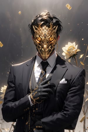 Henshin, solo, looking_at_viewer, shirt, gloves, long_sleeves, 1boy, jacket, white_shirt, upper_body, flower, male_focus, necktie, black_gloves, collared_shirt, vest, black_jacket, mask, rose, chain, formal, ring, suit, facing_viewer, black_necktie, black_vest, straight-on, gold, black_suit, ultra realistic,32k,RAW photo,(high detailed skin:1.2), 8k uhd, dslr, soft lighting, high quality, film grain