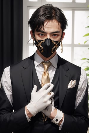 Henshin, solo, looking_at_viewer, shirt, gloves, long_sleeves, 1girl, jacket, white_shirt, upper_body, flower, male_focus, necktie, black_gloves, collared_shirt, vest, black_jacket, mask, rose, chain, formal, ring, suit, facing_viewer, black_necktie, black_vest, straight-on, gold, black_suit, ultra realistic,32k,RAW photo,(high detailed skin:1.2), 8k uhd, dslr, soft lighting, high quality, film grain