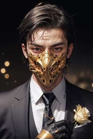 Henshin, solo, looking_at_viewer, shirt, gloves, long_sleeves, 1girl, jacket, white_shirt, upper_body, flower, male_focus, necktie, black_gloves, collared_shirt, vest, black_jacket, mask, rose, chain, formal, ring, suit, facing_viewer, black_necktie, black_vest, straight-on, gold, black_suit, ultra realistic,32k,RAW photo,(high detailed skin:1.2), 8k uhd, dslr, soft lighting, high quality, film grain