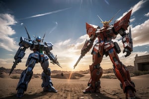 An epic scene unfolds as two opposing Mobile Suit Gundams engage in "combat" amid a barren desert landscape. The mechas exude the spirit of battle with a "dynamic" style, and the silence of the desert implies the tension between them. The scorching sun's rays highlight the mechs' details, creating a sense of warmth amidst the battle.


The cinematic photograph captures this intense clash, combining the prowess of Ray tracing and CG to achieve a mesmerizing 8K resolution. Intricate detailing and high-detail rendering bring the scene to life, imbuing it with depth and realism. The masterpiece embodies the spirit of the Gundam universe, with inspiration drawn from the esteemed Kunio Okawara. cyberpunk robot, perfecteyes, mecha, Masterpiece1.2, Ultra HD quality, hyperdetailed, Realistic, mecha musume, perfecteyes, detailed face,mecha musume