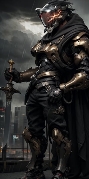Imagine a mighty man wearing fullbody shining hitech armor. he used japan mech helmet, lion fang helmet and its eyes blaze with a furious red hue. The man hold a massive huge hitech sword in his hand, poised to face any danger. The sky behind him appears epic, filled with brooding clouds that create a dramatic atmosphere, high detail armored, black carbon colour, gold detail part, masterpiece, stunning and baddass, ultra HD, 4k, fog effect, cyberpunk, strom, detailed rain, super realistic, mech, shoot from mid range, stunning cinematic lighting, finger ultra detail, --ar 19:6