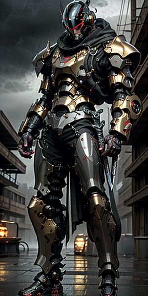 Imagine a mighty man wearing fullbody shining hitech armor. he used mech helmet, and its eyes blaze with a furious red hue. The man hold a massive huge hitech sword in his hand, poised to face any danger. The sky behind him appears epic, filled with brooding clouds that create a dramatic atmosphere, high detail armored, black carbon colour, gold detail part, masterpiece, stunning and baddass, futuristic hi tech sword on hand, ultra HD, 4k, fog effect, cyberpunk, strom, detailed rain, super realistic, mech, shoot from mid range, stunning cinematic lighting