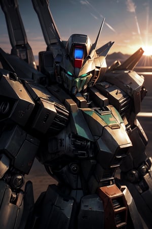 As the sun sets over the desert, the "Green and Black" Mobile Suit Gundam  engage in a high-speed battle against a squadron of specialized mobile suits equipped with reflective armor. The fading light makes it challenging to distinguish friend from foe, adding a layer of complexity to the intense showdown. How will they strategize to overcome this dazzling adversary. The cinematic photograph captures this intense clash, {combining the prowess of Ray tracing and CG to achieve a mesmerizing 8K resolution.} {Intricate detailing and high-detail rendering bring the scene to life,} {imbuing it with depth and realism.} {The masterpiece embodies the spirit of the Gundam universe,} {with inspiration drawn from the esteemed Hajime Katoki.} {The theme centers around The distinctive Gundam Heavy Arm from Gundam Wings Series Anime.} {showcasing its power and might in this engaging scenario.}
,cyberpunk robot,perfecteyes,mecha,