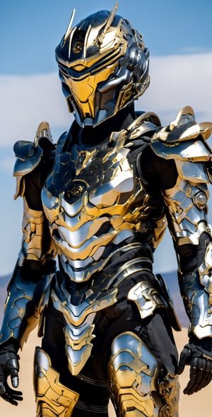 Realistic, full body boy, full mecha suit black armour, black carbon with golden detail part, ultra HD, high detailed body, black japan knight armour, jump high above desert, background white blue sky and ruin of city, high detail head precision part, fit arm, fit feet, mech, robot, mecha, red light eyes, perfect eyes, metal armour, super realistic, hitech armor, relistic environment, sand effect, high detail head japan armor helmet, look hyper realistic, hitech armor, armored core