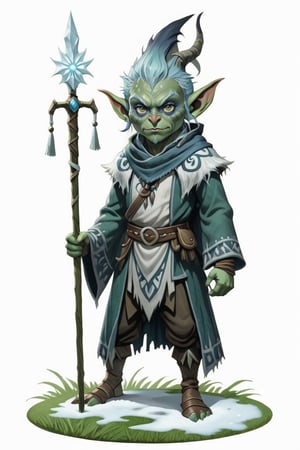portrait of green skin goblin small short shaman with frost clothes holding frost staff standing on round grass pavement, (green skin:1.5), full shot (FS), ((full body with legs)), standing, looking straight, | (white background:1.2), simple background |, medieval, pastel muted colors, digital art, 8K resolution, ultra quality, Watercolor, trending on artstation, intricate details, highly detailed